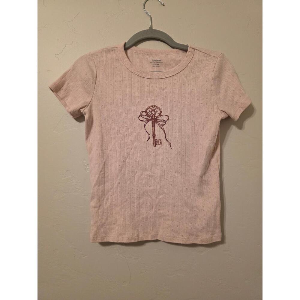 Cotton On Pink Pointelle Baby Tee w/ Vintage Key Graphic (XS/PP)